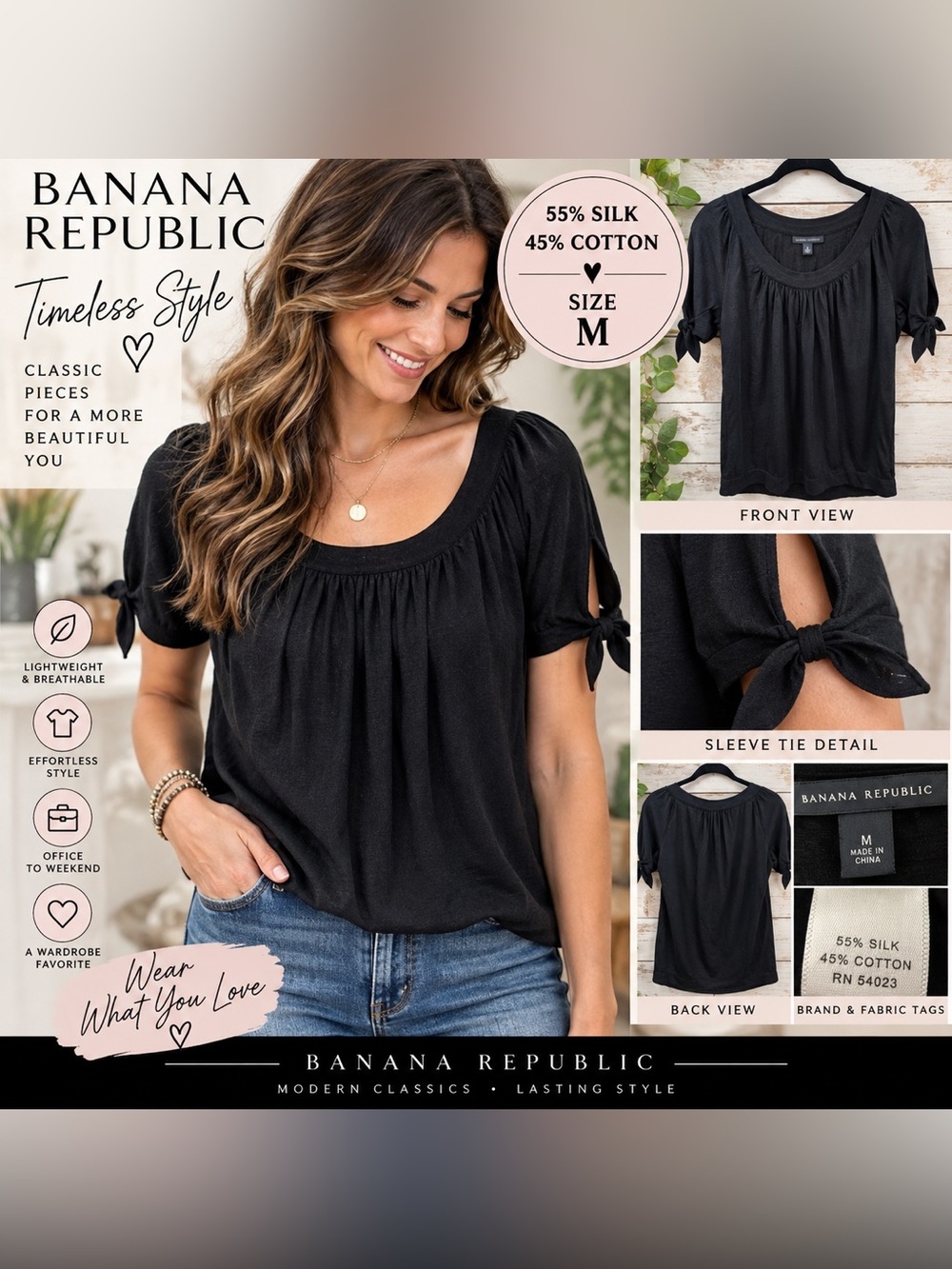 BANANA REPUBLIC BLACK SILK COTTON TIE-SLEEVE BLOUSE • SIZE M